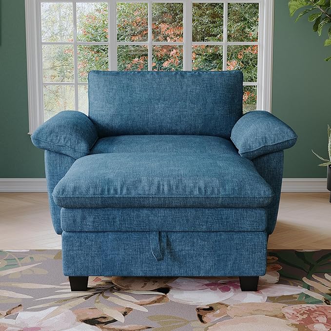 51-Inch Wide Oversized Chenille Recliner Sofa Ottoman with Storage - Upholstered Lounge Chair (Blue)