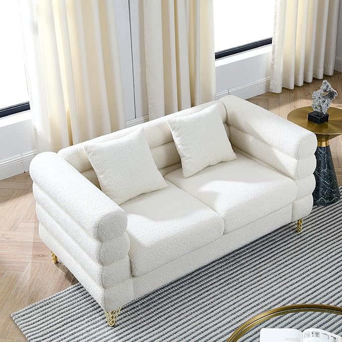 60 W Teddy White Loveseat Sofa Couch with Firm Strcuture &amp Thicken Sponge Comfy Love Seat Couches Sleeper for Living Room Bedroom Small Spaces Mid-Century Modern Furniture