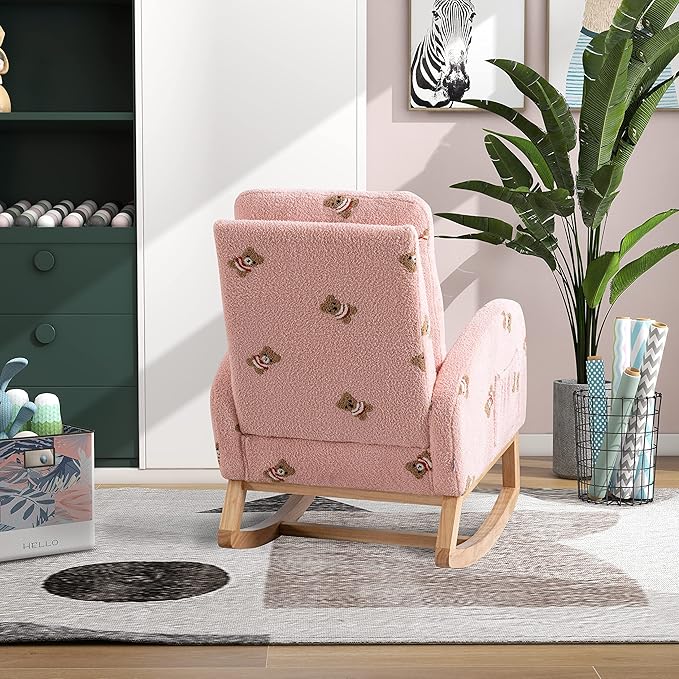 Nursery Chair 26.8 W Modern Rocking Chair for Nursery Mid Century Accent Rocker Armchair with Side Pocket Upholstered High Back Wooden Rocking Chair (Pink Boucle)