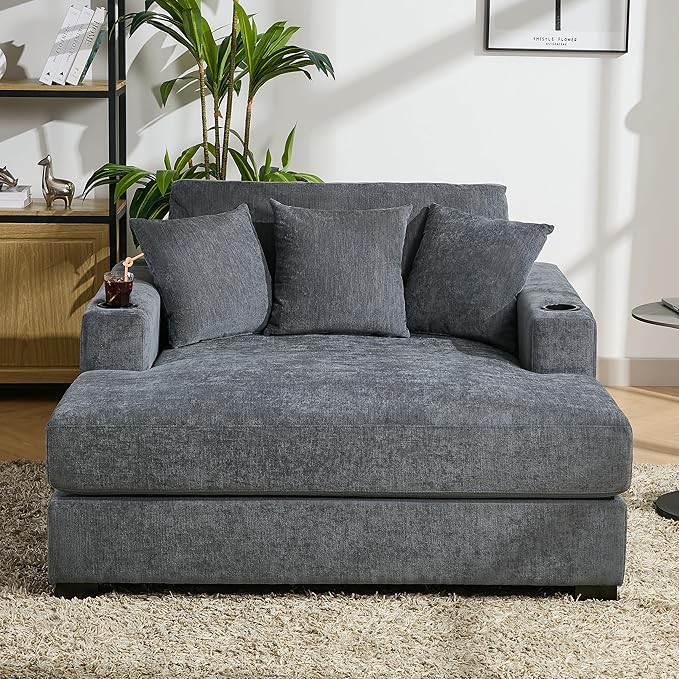 Oversized Chenille Fabric Chaise Lounge Chair Indoor 55 Oversized Chaise Lounger Modern Style Sofa Couch With Pillows Charge Station &amp Cup Holders For Living Room Office (Blue Gray 55)