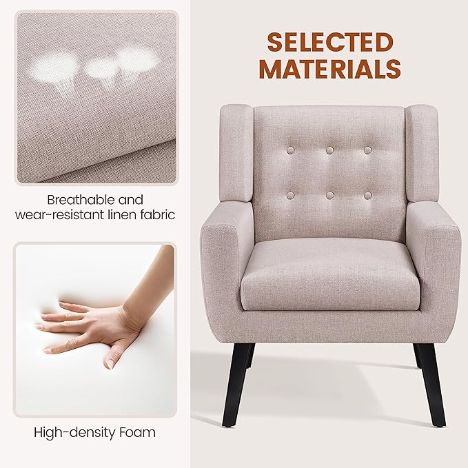 Yaheetech Accent Chair Modern Button Tufted Armchair Linen Fabric Sofa Chairs for Living Room Bedroom Mid-Century Comfy Reading Chair Beige