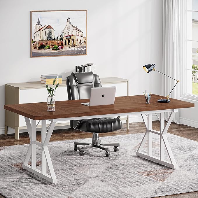 70.8 Inches Executive Desk Large Computer Desk Long Farmhouse Workstation Simple Desk with K Shaped Metal Legs for Home Office Brown/White