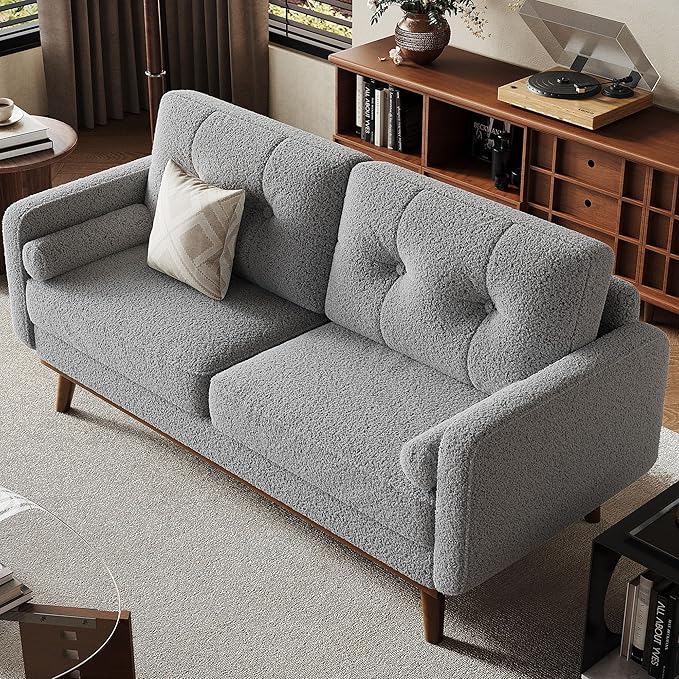 GarveeHome 65 in Loveseat Sofa Mid Century Modern Couch Comfy Love Seat Couches for Living Room 2 Seater Deep Seat Couch Teddy Fleece Boucle Upholstered Couches for Bedroom Office Small Space Grey