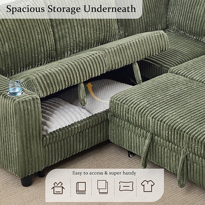 81 Convertible L Shaped Sleeper Sofa Couch with Pull Out Sofa Bed Sleeper Bed with Oversized Storage USB Ports &amp Cup Holder Sectional Couches for Living Room Green Corduroy