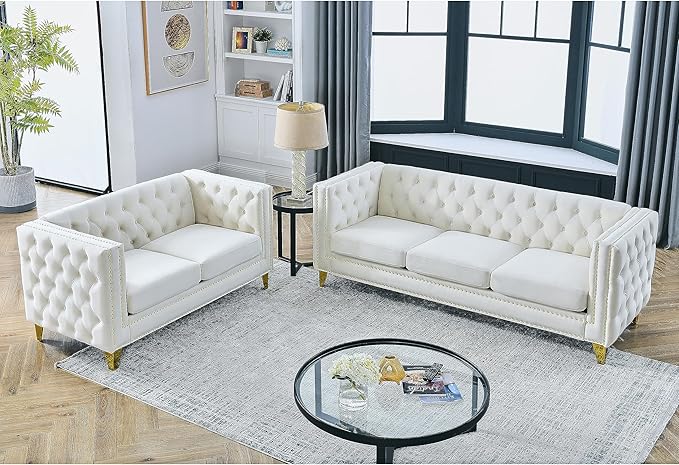 KEIKI Tufted Velvet 3+2 Seat Sofa Couch for Living Room Buttons Tufted Square Arm Couch for Home Apartment Beige