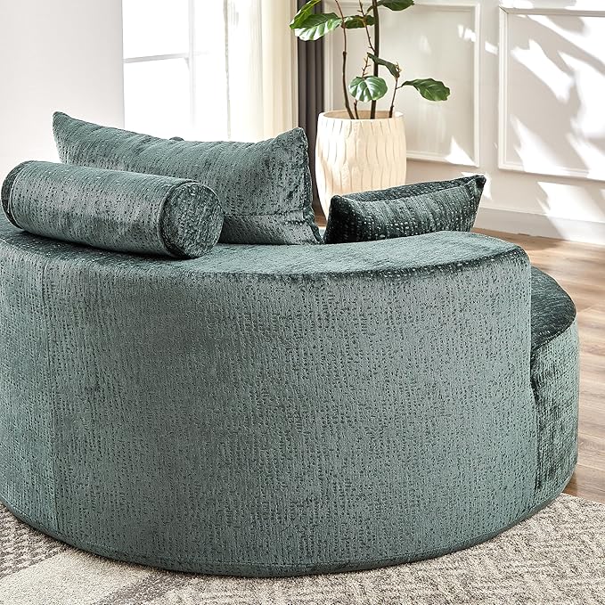 55''W Oversized Round Chair with PillowsComfy Chenille Single ChairOversized Accent Chair with Deep Seat Modern Large Reading Chairs for Living Room &amp Bedroom (Green)