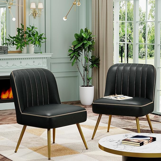 Aklaus Accent Chairs Set of 2 for Living Room Bedroom.Upholstered Reading Chair Faux Leather Modern Corner Chair Armless Chair with Larger Seat Comfy Side Chairs for Office Waiting Room Black