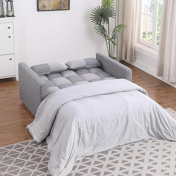 Sleeper Loveseat Pullout Sofa Bed 3 in 1 Convertible Couch Bed Pull Out Sofabed with 2 Pillows Adjustable Backrest Teddy Fabric Grey