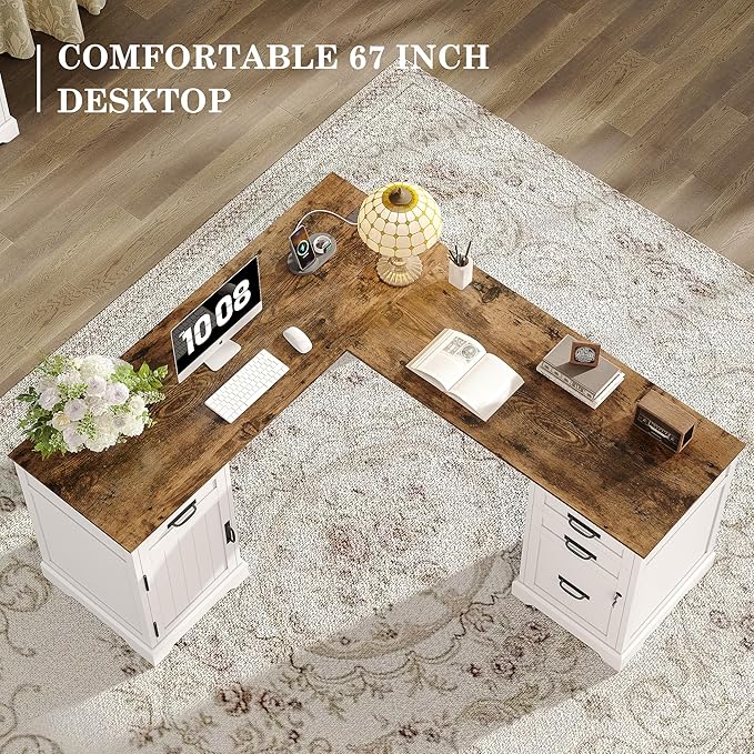 Alohappy 67'' L Shaped Desk with Drawers Farmhouse Corner Computer Desk with File Storage and Charging Station for Home Office White