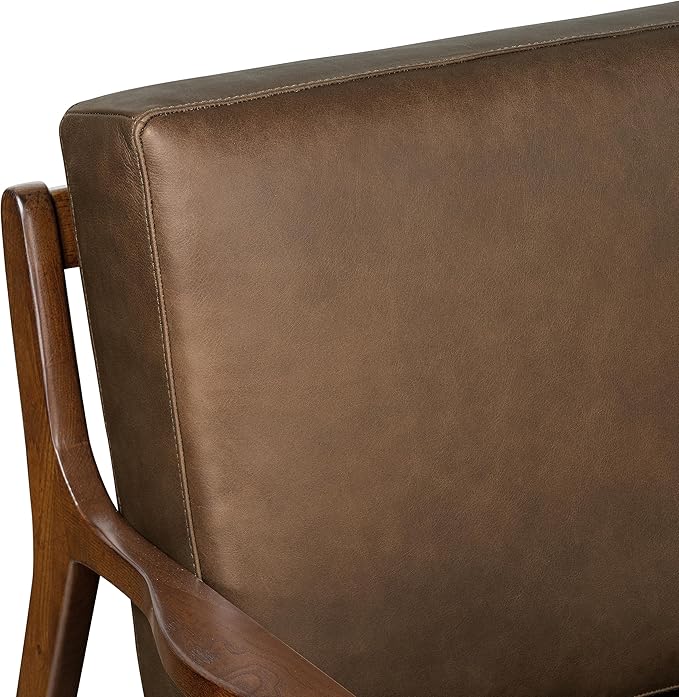 Poly &amp BARK Verity Leather Accent Chair – Armchair with Walnut Wood Frame – Fashion-Forward Lounge Seating for Living Room – Upholstered in Cocoa Brown Leather for Modern Style