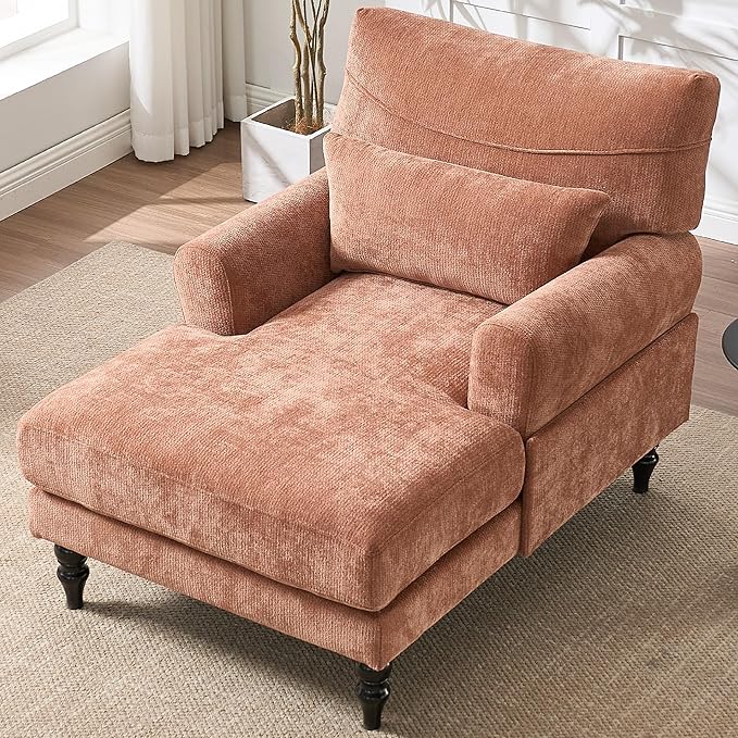 KEIKI Chaise Lounge Chair Indoor Modern Leisure Sleeper Sofa Chair w/Deep Cushion Accent Upholstered Reading Side Armchair Recliner Arm Chairs for Living Room &amp Bedroom Easy Assembly Orange