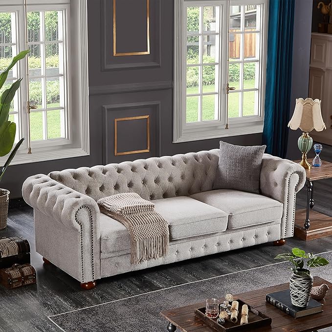 88.5 Upholstered Chesterfield Couch Modern 3 Seater Sofa with Tufted Back and Scrolled Arms Wood Leg Nailhead Sofa for Living Room Office Apartment Small Space Linen Upholstered Gray