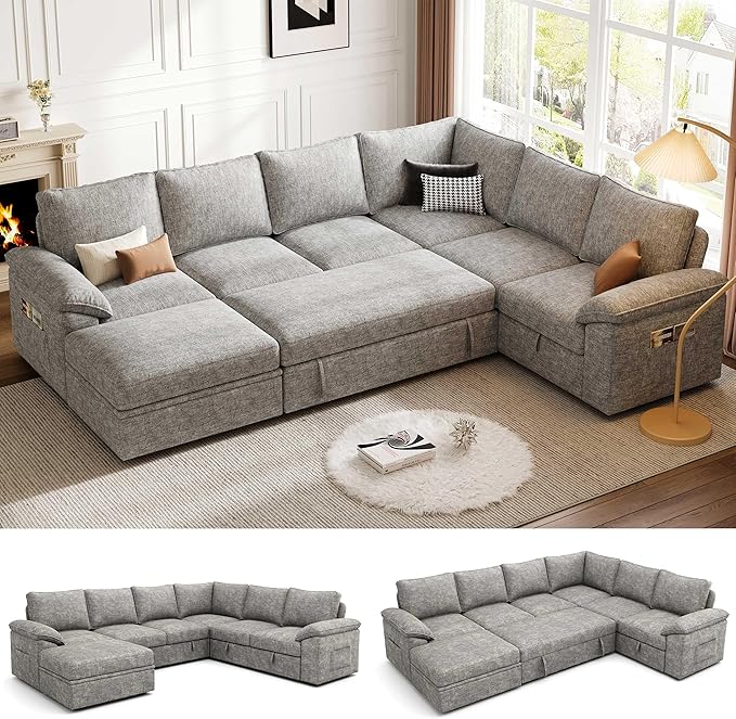108 Inch Modular Sectional Sofa with Pull Out BedU Shaped 7 Seat Sectional Sleeper Sofa with StorageSectional Couches for Living RoomCloud Modular CouchRemovable Sofa CoverLight Gray
