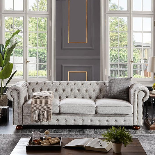 88.5 Upholstered Chesterfield Couch Modern 3 Seater Sofa with Tufted Back and Scrolled Arms Wood Leg Nailhead Sofa for Living Room Office Apartment Small Space Linen Upholstered Gray