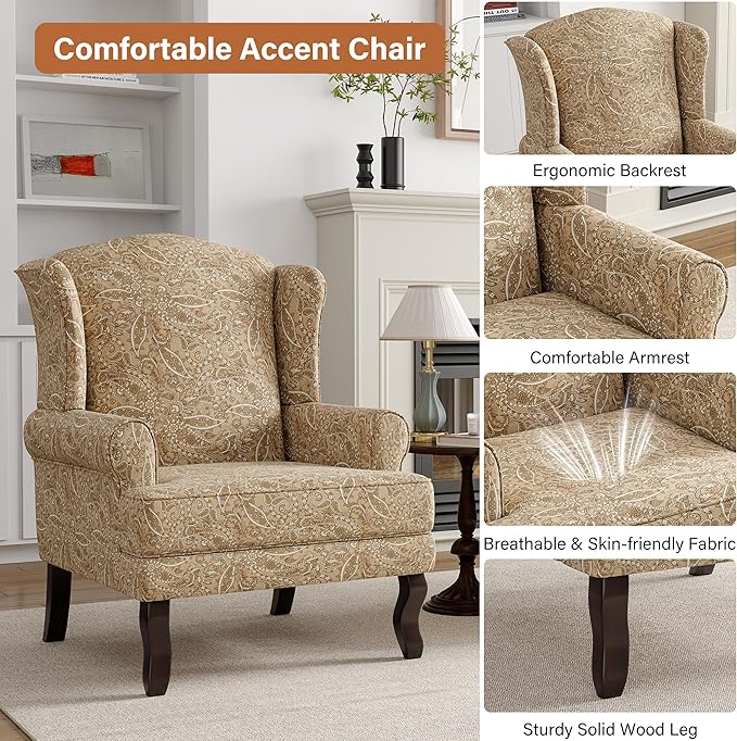 High Back Accent Chairs Set of 2 Comfy Upholstered Fabric Armchair for Living Room Mid Century Modern Club Accent Chair with Solid Wood Legs Single Sofa Reading Chair for Bedroom Paisley Brown