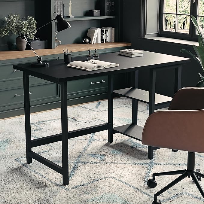 Martha Stewart Beckett Modern Trestle Desk with Open Side Shelving in Black Wood Grain Finish