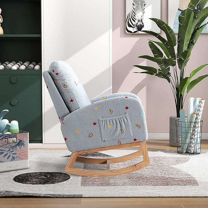Nursery Chair 26.8 W Modern Rocking Chair for Nursery Mid Century Accent Rocker Armchair with Side Pocket Upholstered High Back Wooden Rocking Chair (Blue Boucle)