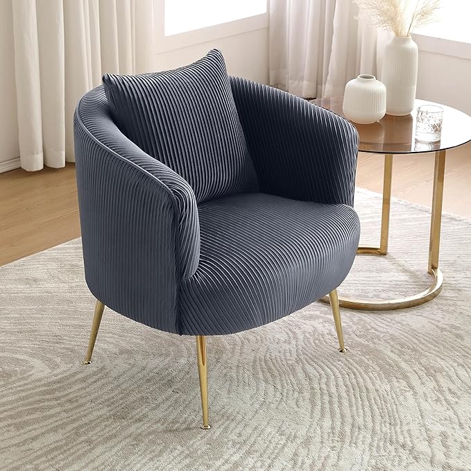 Art Leon Velvet Accent Chair Upholstered Modern Single Sofa Chair Comfy Barrel Chair with Golden Metal Legs for Living Room Bedroom Gray