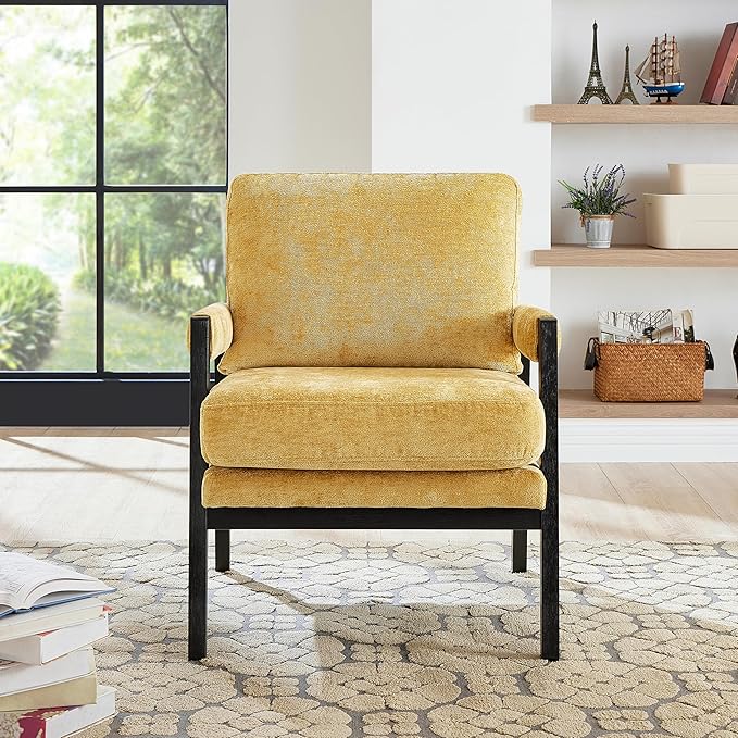Kelly Mid-Century Modern Chenille Accent Armchair - Yellow | Stylish and Comfortable Reading Chair for Living Room Bedroom | Removable Back Cushion