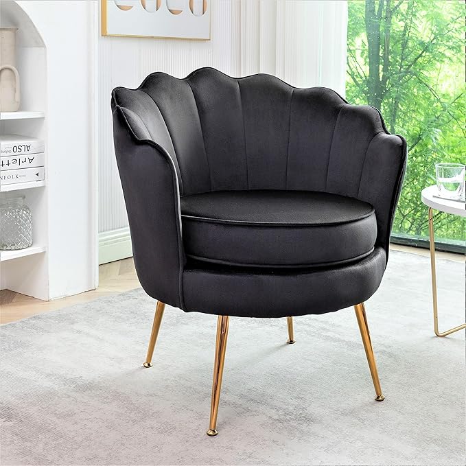 Velvet Barrel Accent Chair with Scalloped Silhouette and Gold Metal Legs Decorative Piece Suitable for Traditional Modern and Contemporary Spaces Black