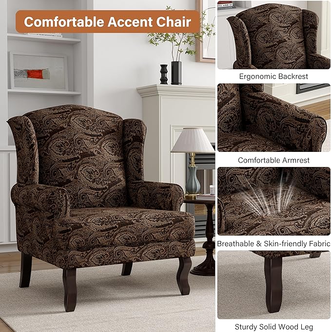 High Back Accent Chairs Set of 2 Mid Century Modern Upholstered Armchair Comfy Fabric Club Accent Chair with Solid Wood Legs Single Reading Chair for Bedroom Living Room (Cranberry)