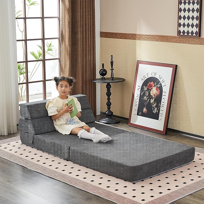 jela Foldable Sofa Bed Large Soft Foam Convertible Sleeper Chair Luxury Miss Fabric Fold Out Chair Bed Floor Couch with Back Support Floor Sofa for Living Room Bedroom (83x33Dark Gray)