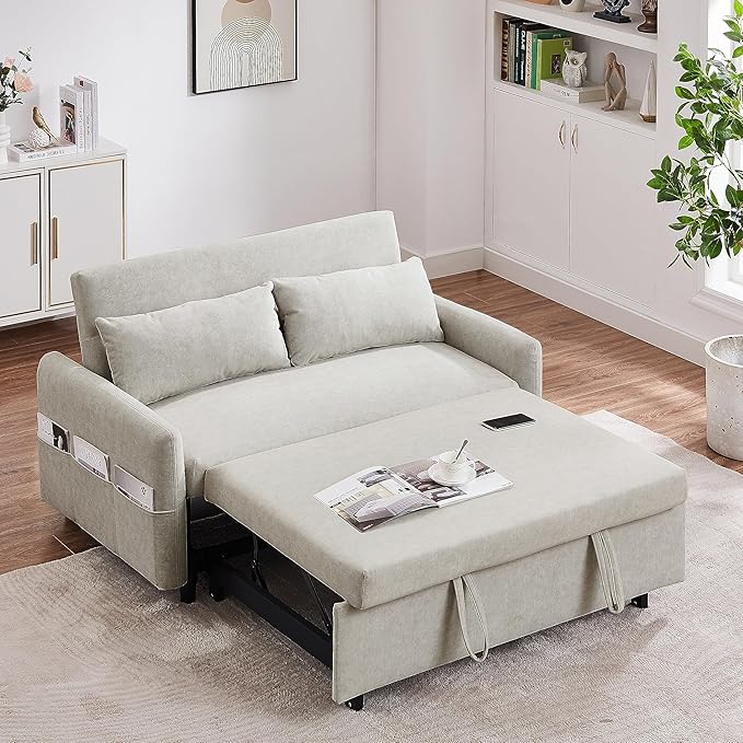 Merax 55.1 W Convertible Sofa Bed with Adjustable Backrest2 PillowsUSB Ports and 6 Storage Side PocketsPull-Out Sleeper Sofabed Microfiber Loveseat Couch for Living Room Bedroom ApartmentBeige