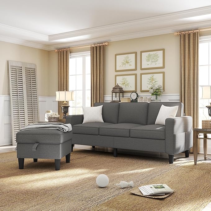 ZeeFu Couch for Living Room - 78'' Beige Linen 3 Seat L-Shaped Sectional Sofa Couches with Storage Ottoman - Modern Small Space Upholstered Furniture Sofa Set for Office Small Space Apartment