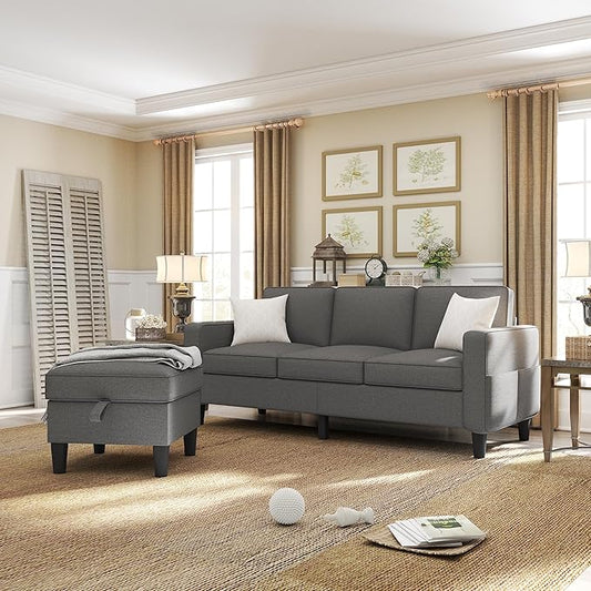 ZeeFu Couch for Living Room - 78'' Beige Linen 3 Seat L-Shaped Sectional Sofa Couches with Storage Ottoman - Modern Small Space Upholstered Furniture Sofa Set for Office Small Space Apartment