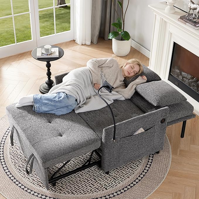 Sleeper Loveseat with USB and Type-C Ports 3 in 1 Convertible Sofa Bed with Phone Holder Pull Out Sofa Bed Loveseat Sleeper Sofa for Living Room Adjustable Backrest Side Pockets Dark Grey