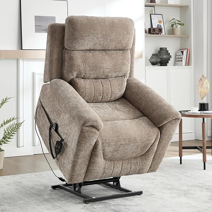 Power Lift Recliner Chair for Elderly People Dual Motor Lay Flat Recliner with Vibration Massage and Heat Heavy Duty Motion Mechanism Standing Assistance Reclining Chair Chenille Fabric Khaki