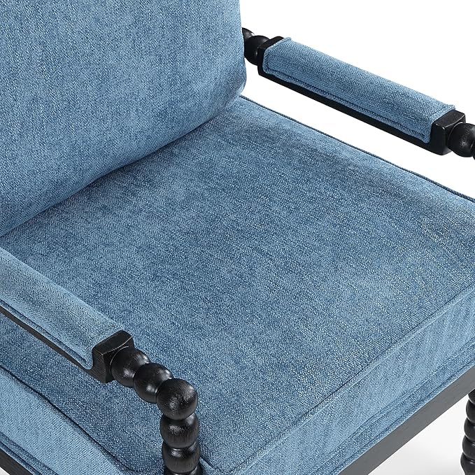 DUHOME Linen Fabric Spindle Accent Chair with Wood FrameModern Accent Spool Chairs with Padded Spring Seat and Brushed Blue Base for Living Room Bedroom Farmhouse Home Office Belcony