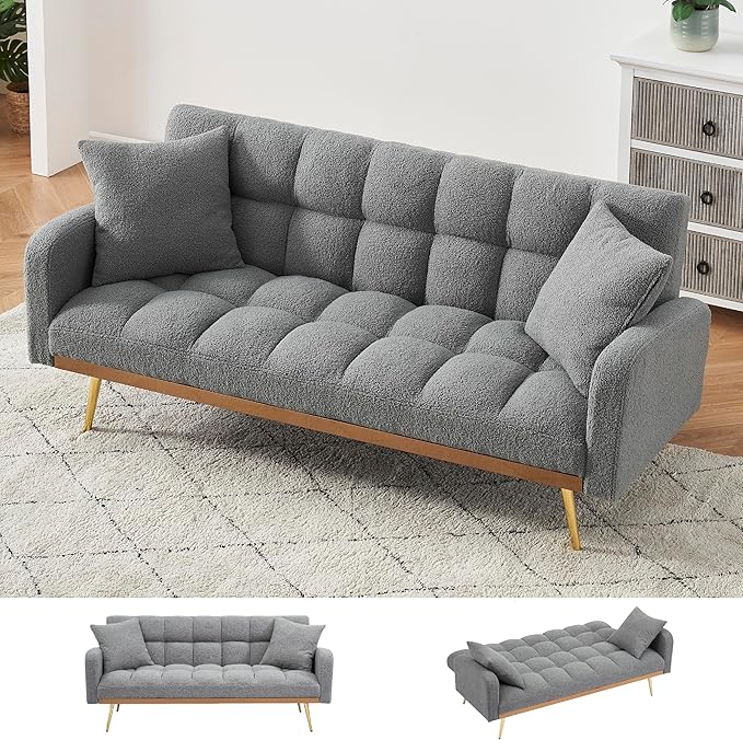 KEIKI 69 Folding Futon Sofa Couch w/Adjustable Backrest Mid Century Modern Loveseat Convertible to Sleeper Bed Small Comfy Teddy Cloud Couch SofaBed for Living Room &amp Bedroom 2 Pillows Gray