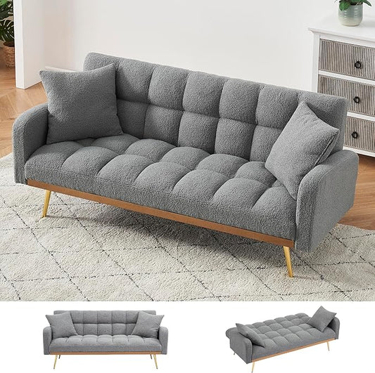 KEIKI 69 Folding Futon Sofa Couch w/Adjustable Backrest Mid Century Modern Loveseat Convertible to Sleeper Bed Small Comfy Teddy Cloud Couch SofaBed for Living Room &amp Bedroom 2 Pillows Gray