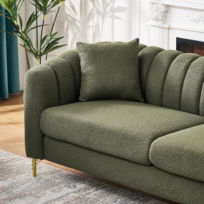 Green Cloud Sofa Set 2 Piece Living Room Furniture Modern Comfy Overstuffed Deep Seat Curved Sofas with Gold Legs &amp Pillows Foam Upholstered Teddy Loveseat with Round Arm (Green Couch and Lovese
