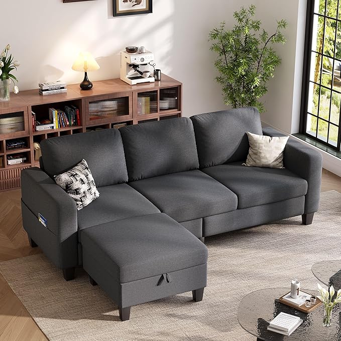 Sectional Sofa and Couches for Living Room 78'' Dark Grey 3 Seat L-Shaped Couch with Movable Ottoman Comfy Linen Convertible Sectionals Sofas with Chaise for Apartment Dorm Small Space