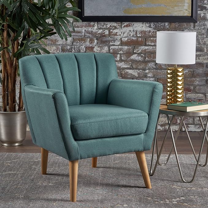 Mid-Century Accent Chairs Modern Upholstered Living Room Chair Cozy Armchair with Wood Legs for Bedroom/Office/Cafe/Living Room (Teal + Linen)