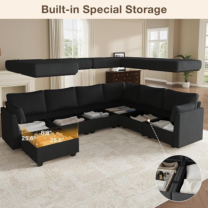 Modular Sectional Sofa Couches Large Convertible Modular Couches with Storage 7-Seater Sectional Sofa for Living Room U Shaped Sectional Couch Sleeper Sofa with Chaise (Black 7 Seats)