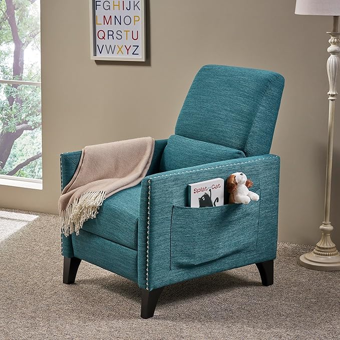 Mid-Century Fabric Rocker Recliner Chair with Tufted Design Adjustable Single Recliner Sofa with Thicker Seat Cushion with Pocket for Living Room Bedroom Apartment (Teal Style2)