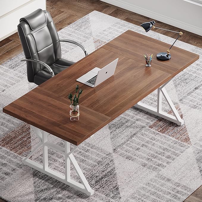 70.8 Inches Executive Desk Large Computer Desk Long Farmhouse Workstation Simple Desk with K Shaped Metal Legs for Home Office Brown/White