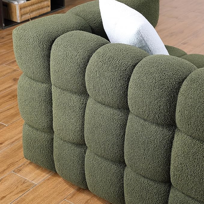 Comfy Marshmallow Loveseat Sofa3 Seater Boucle Cloud Couch with 2 Pillows Upholstered Love Seat with Throw Pillows Modern Living Sofa or Office Waiting Room (Olive Green Boucle)