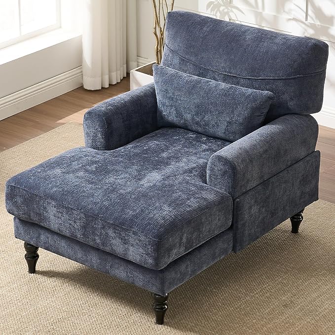 KEIKI Chaise Lounge Chair Indoor Modern Leisure Sleeper Sofa Chair w/Double Deep Cushion Accent Upholstered Reading Side Armchair Recliner Arm Chairs for Living Room &amp Bedroom Easy Assembly B