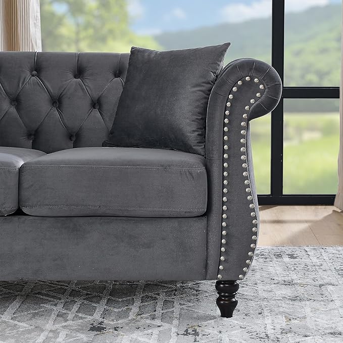 KEIKI Chesterfield Sofa Retro Style Upholstered 3+3 Seats Velvet Couch with Rolled Arm for Living Room Bedroom Office Grey