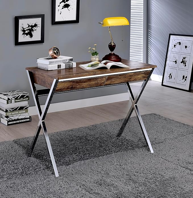 Weathered Oak &amp Chrome Finish Writing Desk Workstation Computer Desk for Study and Home Office