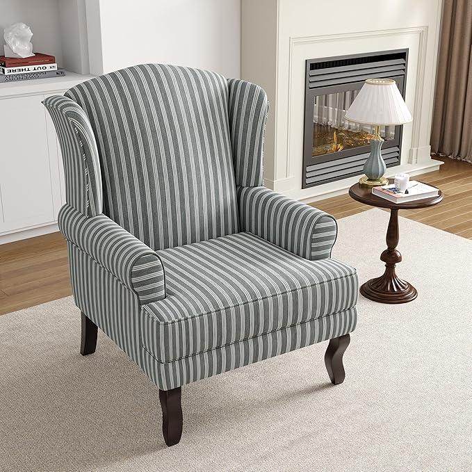 High Back Accent Chairs Set of 2 Comfy Upholstered Fabric Armchair for Living Room Mid Century Modern Club Accent Chair with Solid Wood Legs Single Sofa Reading Chair for Bedroom Gray Stripe