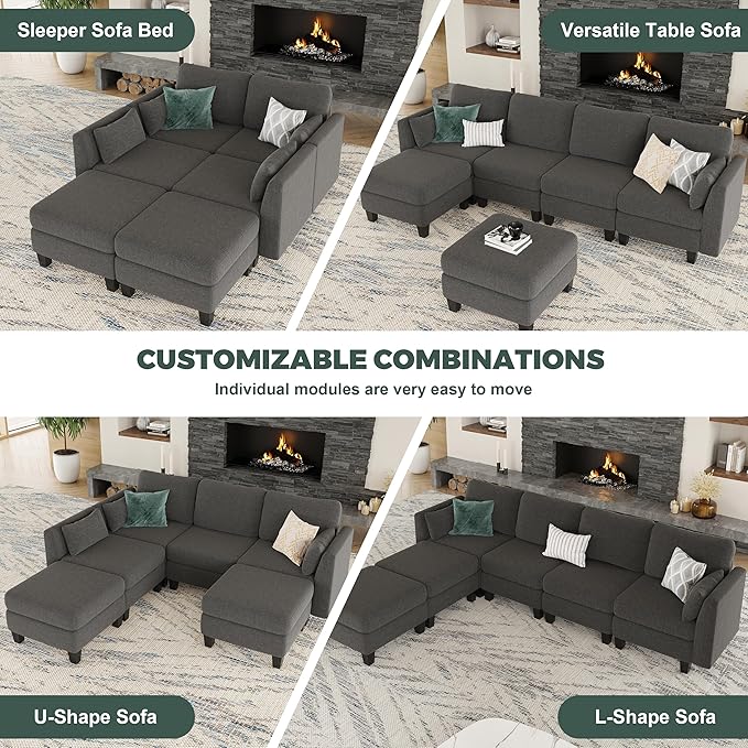 Modular Sectional Sofa 6 Seaters Modular Sleeper Sofa Couch Comfy Sectionals Couches Bed Convertible Sofas with Ottomans Sectional Couches for Living Room Dark Grey