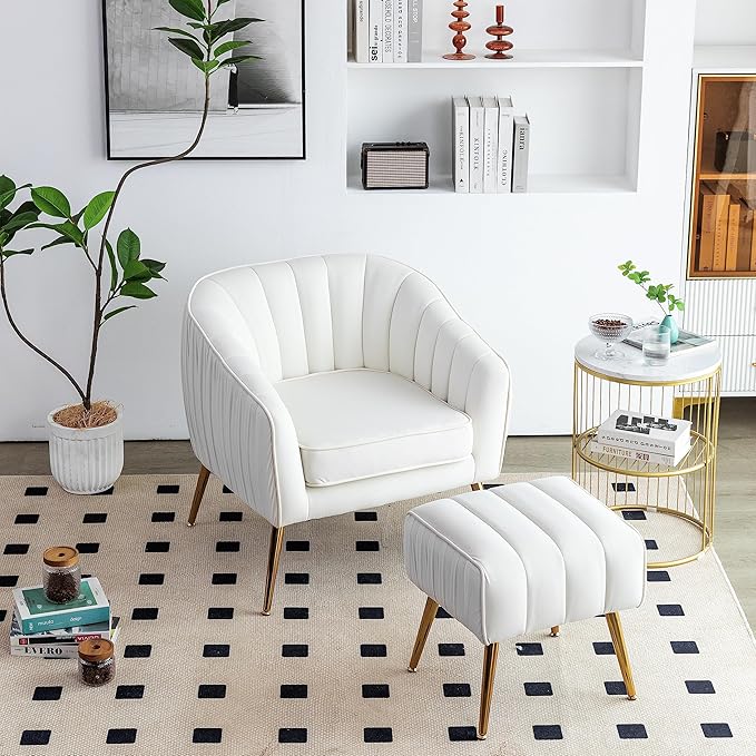 Velvet Accent Chair with Ottoman Modern Tufted Barrel Chair Ottoman Set for Living Room Bedroom Golden Finished Beige
