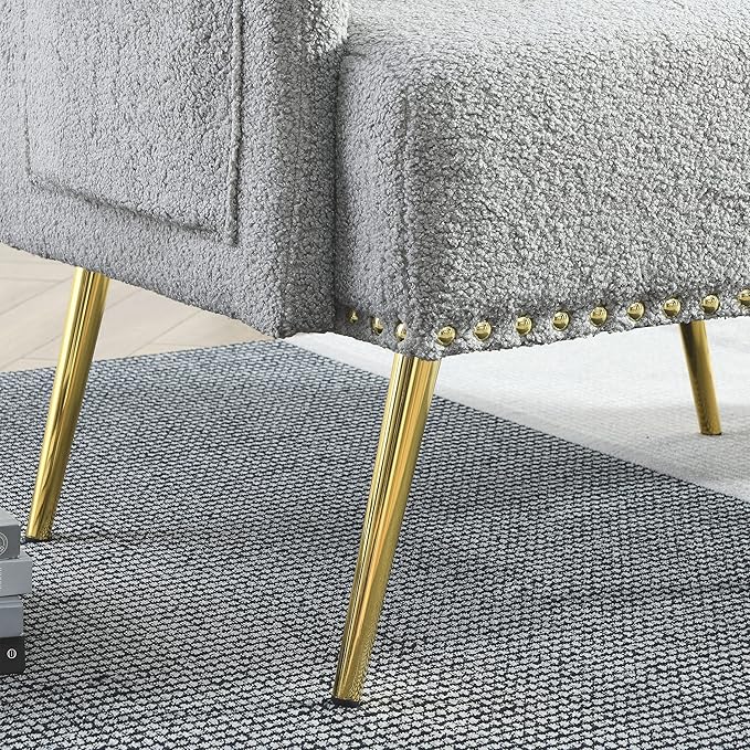 Generic 30 W Modern Chesterfield Tufted Upholstered Chair with Deep Buttons Living Room Chair Comfortable Armchair Gold Hardware Legs Tufted Chair for Reading or Relaxing Grey Teddy