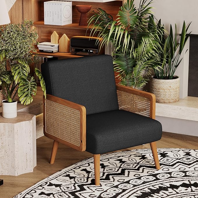 Yongqiang Black Linen Accent Chairs Set of 2 Natural Rattan Upholstered Arm Chairs for Bedroom Living Room Side Chairs Comfy Reading Chair