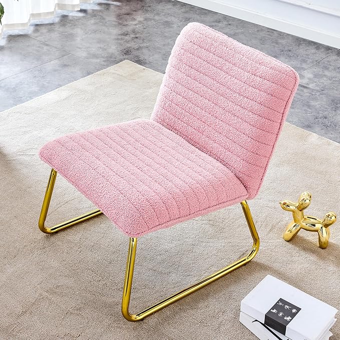 Modern Minimalist Pink Plush Fabric Single Person Sofa Chair with Golden Metal Legs. Suitable for Living Room Bedroom Club Comfortable Cushioned Single Person Leisure Sofa RR79